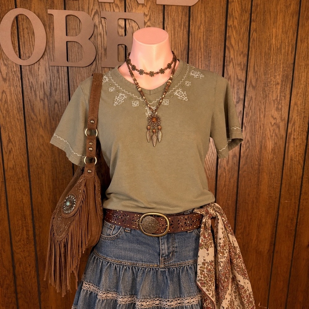 Y2K Olive Green Embroidered Short Sleeve V Neck Top Islander Women S Cottagecore